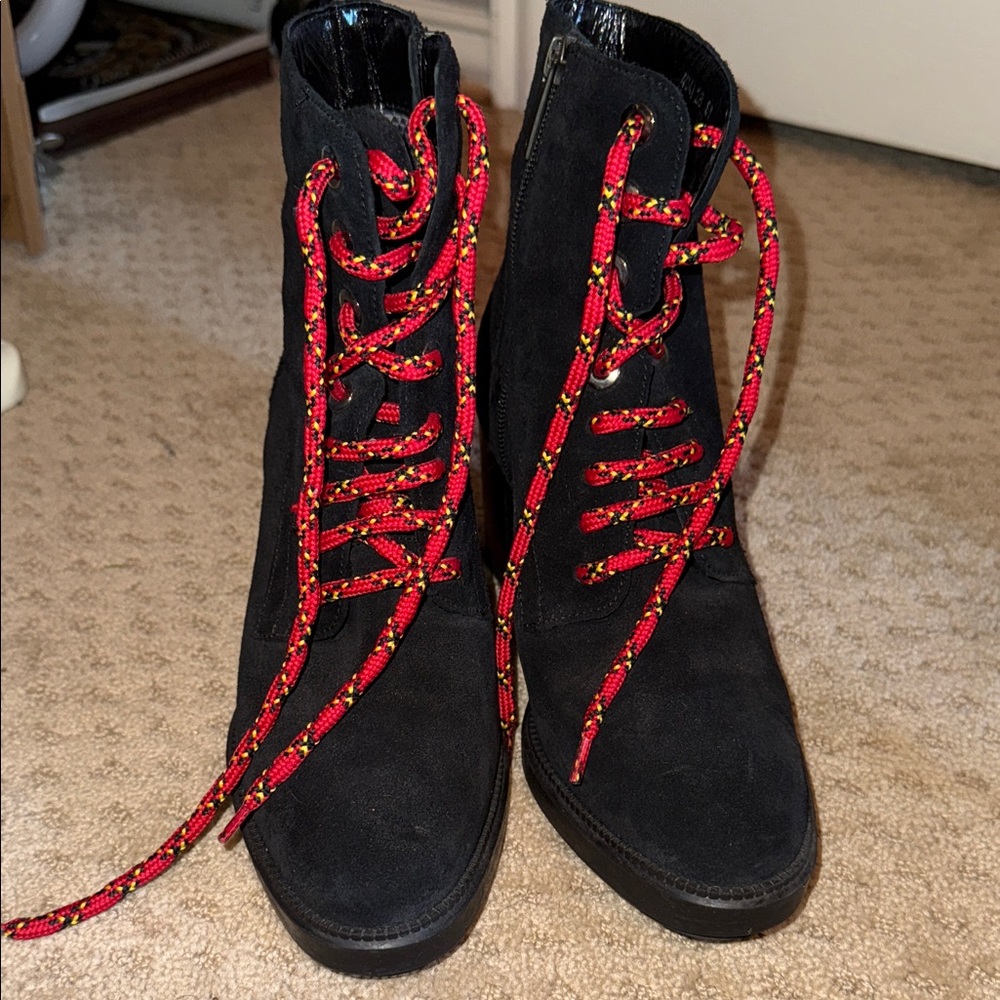 Aquatalia Black Lace-Up Boots with Red Laces